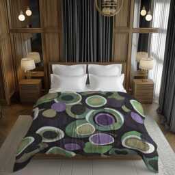 Retro Mute Textured Circles Geometric Comforter, Moody Mid Century Modern Bedding, Eclectic Bedroom Decor, Green Brown Purple #229