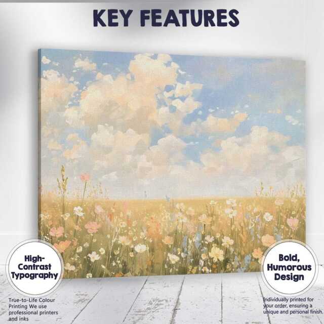 Pastel Wildflower Meadow Under Cloudy Sky Canvas Wall Art Print Decor Picture Ready To Hang - image 1