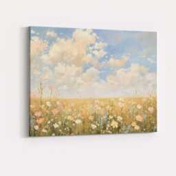 Pastel Wildflower Meadow Under Cloudy Sky Canvas Wall Art Print Decor Picture Ready To Hang - thumbnail 4