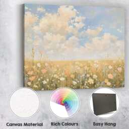 Pastel Wildflower Meadow Under Cloudy Sky Canvas Wall Art Print Decor Picture Ready To Hang - thumbnail 2