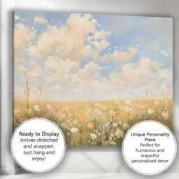 Pastel Wildflower Meadow Under Cloudy Sky Canvas Wall Art Print Decor Picture Ready To Hang - thumbnail 3