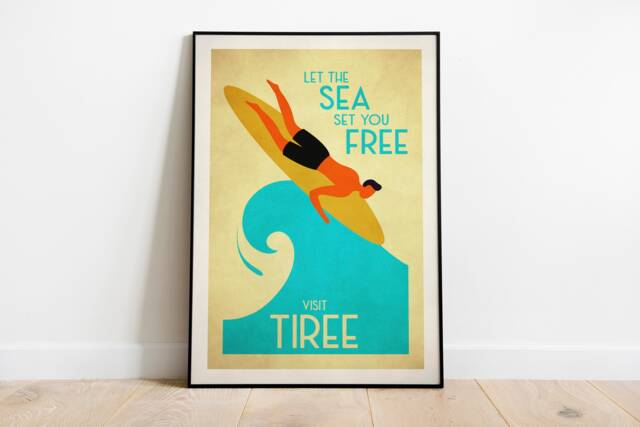 Tiree Surfing Poster, Let The Sea Set You Free, Vintage Looking Illustration, Print, Art, Surfer Gifts, Travel - image 1