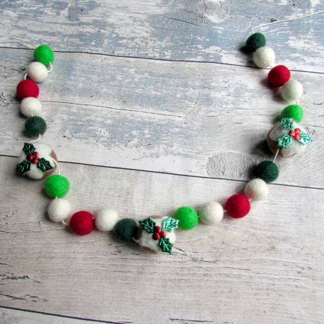 Christmas Pudding Pom Garland, Bauble Ornaments. Wool Felt Bunting, Traditional Holiday Decor, Rustic Xmas Tree Decoration, Wall Decor - image 1