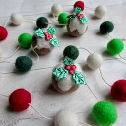 Christmas Pudding Pom Garland, Bauble Ornaments. Wool Felt Bunting, Traditional Holiday Decor, Rustic Xmas Tree Decoration, Wall Decor - thumbnail 2