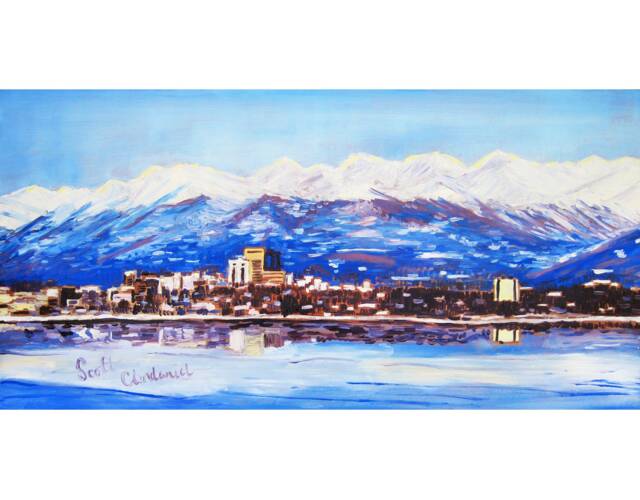 Anchorage Skyline in Spring Living Room Painting, Chugach Mountains Art, Graduation Gift, Alaska Wedding Going Away Clendaniel - image 1