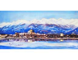 Anchorage Skyline in Spring Living Room Painting, Chugach Mountains Art, Graduation Gift, Alaska Wedding Going Away Clendaniel - thumbnail 1