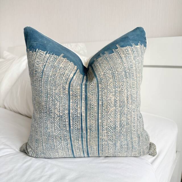 Handmade Hmong Hemp Pillow Cover Boro Block Print, Boho Cushion Case - image 1