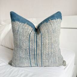 Handmade Hmong Hemp Pillow Cover Boro Block Print, Boho Cushion Case - thumbnail 1