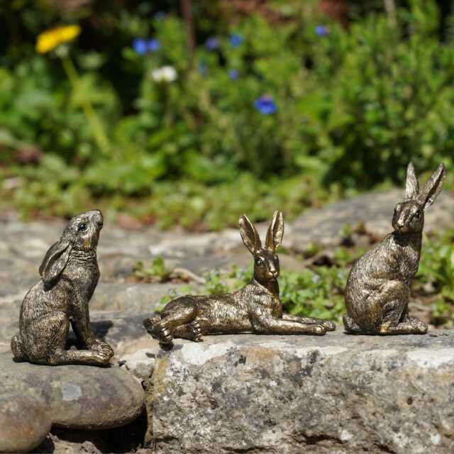 Set Of 3 Mini Hare Ornaments - Gold Resin Rabbit Figurines Indoor Outdoor Home - image 1