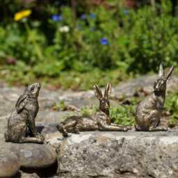 Set Of 3 Mini Hare Ornaments - Gold Resin Rabbit Figurines Indoor Outdoor Home - thumbnail 1