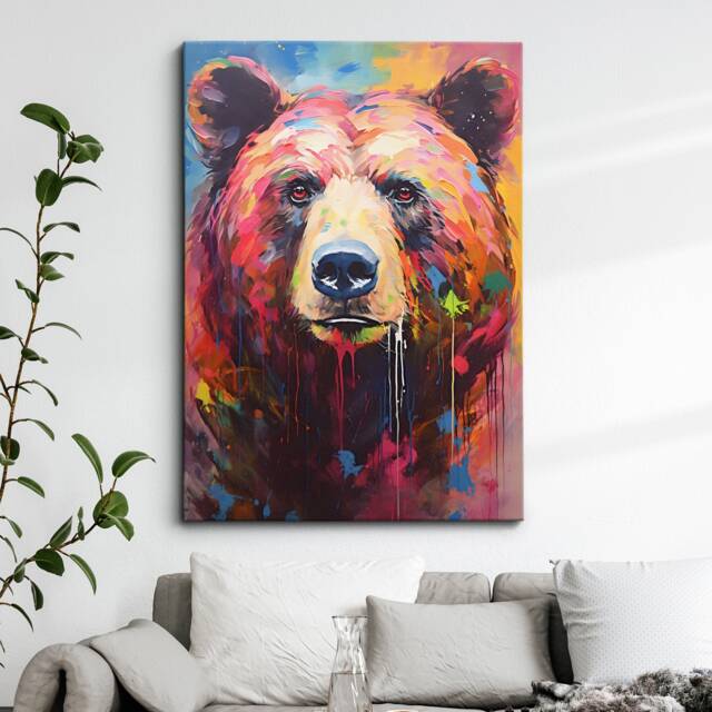 Colorful Grizzly Bear Animal Abstract Oil Painting Splatter Style Wall Art, Framed Canvas Poster Print, Home Kitchen Office Room Decor Gifts - image 1