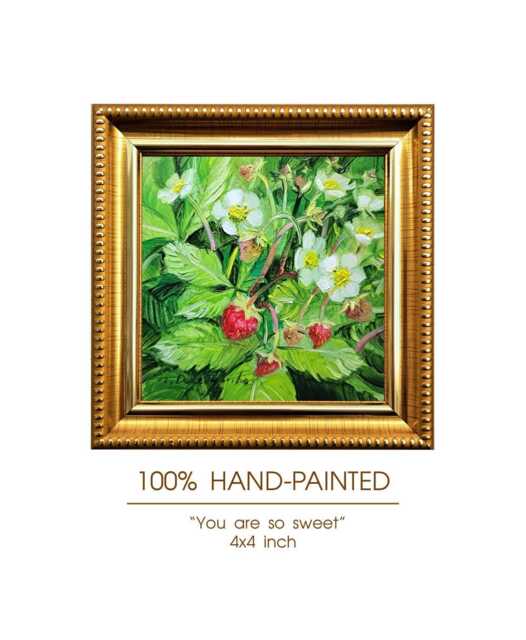 strawberries Original Oil Painting Gold Frame, Small Framed Wall Art Sweet Berry Hanging 4x4, Miniature Flowers Frame Gift - image 1
