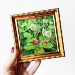 strawberries Original Oil Painting Gold Frame, Small Framed Wall Art Sweet Berry Hanging 4x4, Miniature Flowers Frame Gift - thumbnail 3