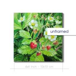 strawberries Original Oil Painting Gold Frame, Small Framed Wall Art Sweet Berry Hanging 4x4, Miniature Flowers Frame Gift - thumbnail 2