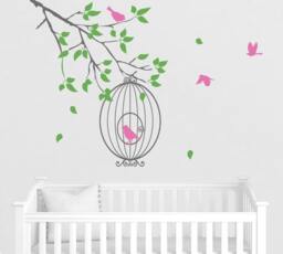 Wall Decals For Nursery Baby Room Designs Tree Branch With Birds Cage Sticker Home Decor By Decalisland - Sd 096 - thumbnail 1