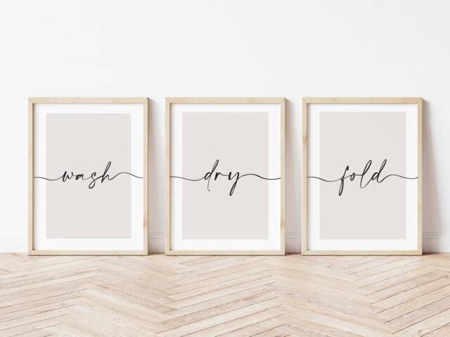 Laundry Room Prints, Wash Dry Fold, Set Of 3, Kitchen Wall Art, Utility Room, Beige Home Decor, Print, Neutral New - image 1