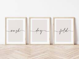 Laundry Room Prints, Wash Dry Fold, Set Of 3, Kitchen Wall Art, Utility Room, Beige Home Decor, Print, Neutral New - thumbnail 1