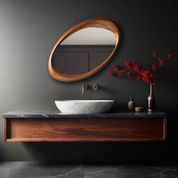 Asymmetrical Walnut Wood Frame Mirror Modern Home Decor, Vanity, Bathroom, Living Room Mirror - thumbnail 3