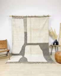 Ivory Black Block Rug, Abstract Moroccan Berber Shag, Handmade Wool Area Large Modern Minimalist Decor