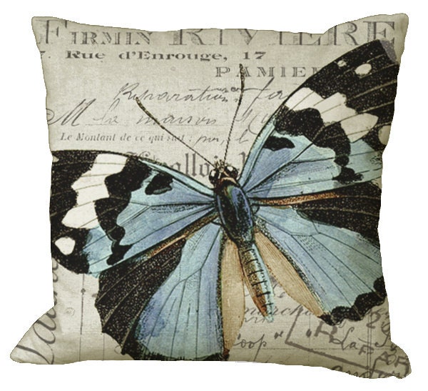 Soft Black White & Blue Butterfly 18x18 Natural Cotton
