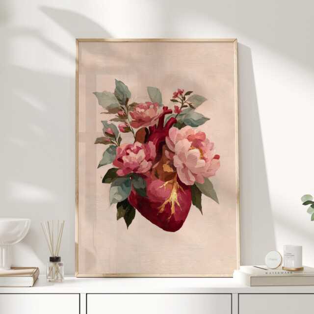 The Heart in Bloom Sacred Floral Art Print, Romantic Botanical Illustration, Soft Pink Still Life Wall - image 1