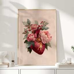 The Heart in Bloom Sacred Floral Art Print, Romantic Botanical Illustration, Soft Pink Still Life Wall - thumbnail 1