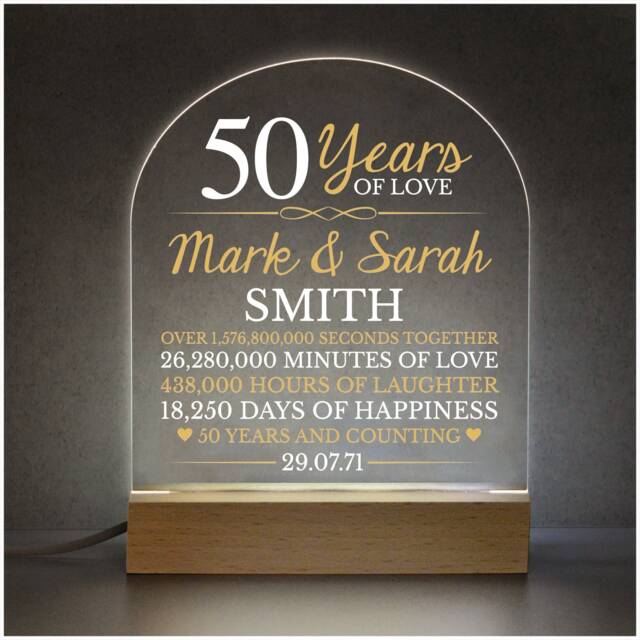 Personalised Golden 50Th Anniversary Gift, 50 Years Marriage Led Night Light Sign, Plaque - image 1