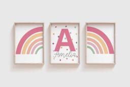 Set Of 3 Girls Nursery Prints, Rainbow Wall Art, Bedroom Blush Pink, Art - thumbnail 1