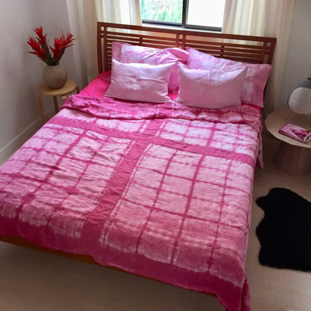 Pink Shibori Linen Bed Cover Hand Dyed With Cochineal - image 1
