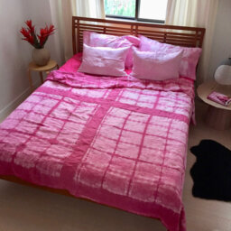 Pink Shibori Linen Bed Cover Hand Dyed With Cochineal - thumbnail 1