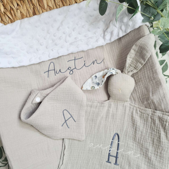 Personalised Embroidered Baby Blanket Gift Set, Organic Muslin Soft & Matching Bunny Comforter Bib Newborn Set - image 1