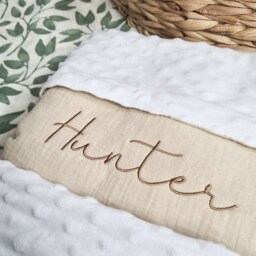 Personalised Embroidered Baby Blanket Gift Set, Organic Muslin Soft & Matching Bunny Comforter Bib Newborn Set - thumbnail 3