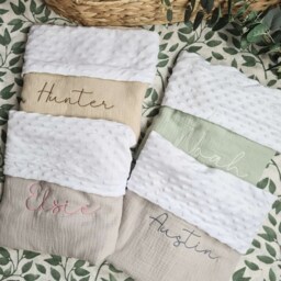 Personalised Embroidered Baby Blanket Gift Set, Organic Muslin Soft & Matching Bunny Comforter Bib Newborn Set - thumbnail 2