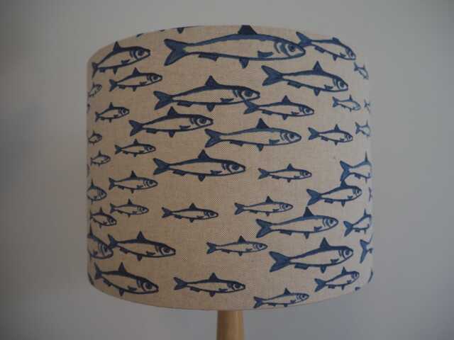 Fish Lampshade Blue Nautical Design Pattern Seaside Linen Style Handmade Fabric Drum Lamp Shade Table Or Ceiling Pendant - image 1