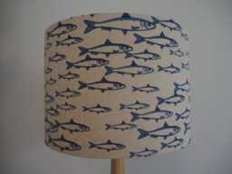 Fish Lampshade Blue Nautical Design Pattern Seaside Linen Style Handmade Fabric Drum Lamp Shade Table Or Ceiling Pendant - thumbnail 1