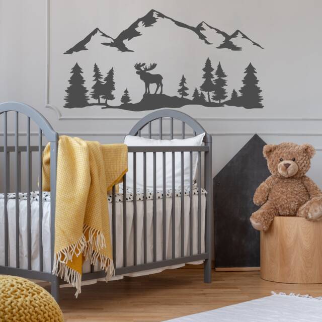 Woodland Mountain Wall Sticker Pine Tree & Moose Vinyl Decal For Modern Nursery Decor - image 1