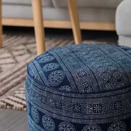 Ethnic Indigo Batik Ottoman Pouf, Hmong Hill Tribe Floor Cushion - 20x10 - thumbnail 3