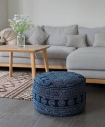 Ethnic Indigo Batik Ottoman Pouf, Hmong Hill Tribe Floor Cushion - 20x10