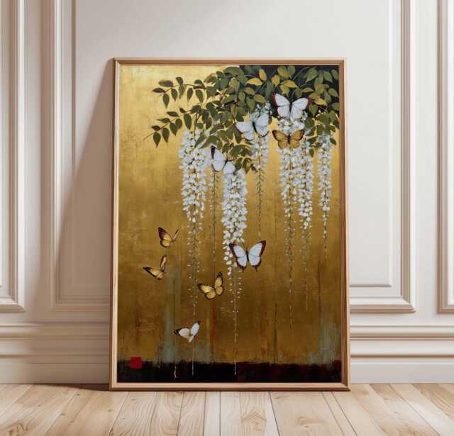 Japanese Floral Gold Poster, Wisteria & Butterfly Wall Art Print, Elegant Nature Decor, Vintage Botanical Artwork, Hanging Flowers - image 1