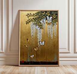 Japanese Floral Gold Poster, Wisteria & Butterfly Wall Art Print, Elegant Nature Decor, Vintage Botanical Artwork, Hanging Flowers - thumbnail 1