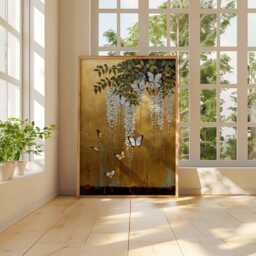 Japanese Floral Gold Poster, Wisteria & Butterfly Wall Art Print, Elegant Nature Decor, Vintage Botanical Artwork, Hanging Flowers - thumbnail 3
