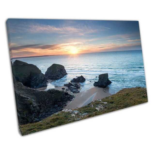 Bedruthan Steps Coastal Cliff Flora Print Newquay Cornwall Seascape Wall Art For Home & Office Decor - image 1