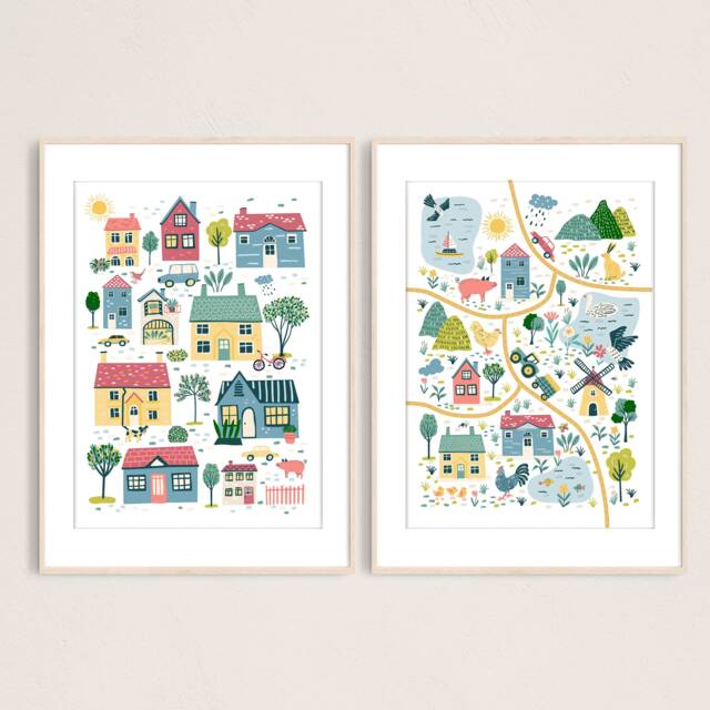 Little Town Kids - Set Of 2 Art Prints, Village Wall Decor, Nursery Room Digital Print, Children Illustration - image 1