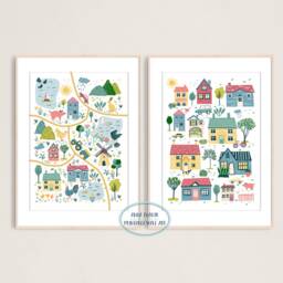 Little Town Kids - Set Of 2 Art Prints, Village Wall Decor, Nursery Room Digital Print, Children Illustration - thumbnail 2