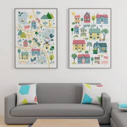Little Town Kids - Set Of 2 Art Prints, Village Wall Decor, Nursery Room Digital Print, Children Illustration - thumbnail 3