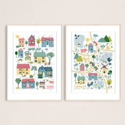 Little Town Kids - Set Of 2 Art Prints, Village Wall Decor, Nursery Room Digital Print, Children Illustration - thumbnail 1