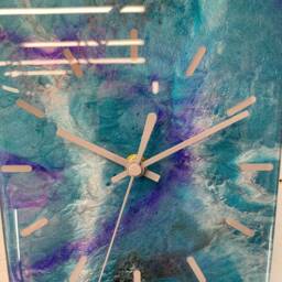 70cm Long Narrow Turquoise Purple & Silver Abstract Resin Wall Clock, Modern Unusual Home Decor - thumbnail 3