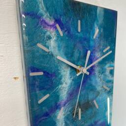 70cm Long Narrow Turquoise Purple & Silver Abstract Resin Wall Clock, Modern Unusual Home Decor - thumbnail 2
