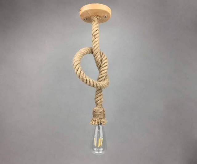 Hemp Rope Pendant Lamp Rustic Industrial Lighting, Wood Canopy - image 1