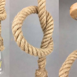Hemp Rope Pendant Lamp Rustic Industrial Lighting, Wood Canopy - thumbnail 3